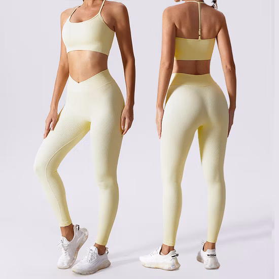 Wholesale OEM/ODM Women 2 Pieces Leggings + Bra Apparel Clothing Rib Yoga Set Gym Workout Fitness Active Sports Sets